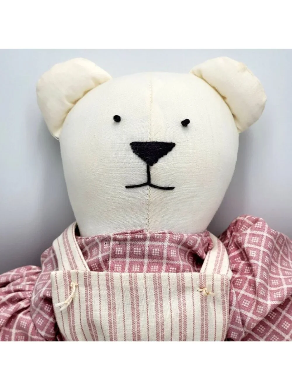 Vtg 1991 Grannycore Handmade Fabric OOAK Plush Teddy Bear in Striped Overalls